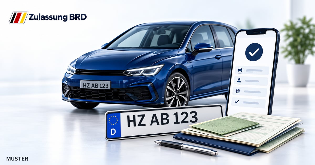Online Fahrzeugzulassung in Thale: Musterkennzeichen HZ AB 123, Auto und Fahrzeugpapiere und Smartphone. Illustration mit Logo von Zulassung BRD.